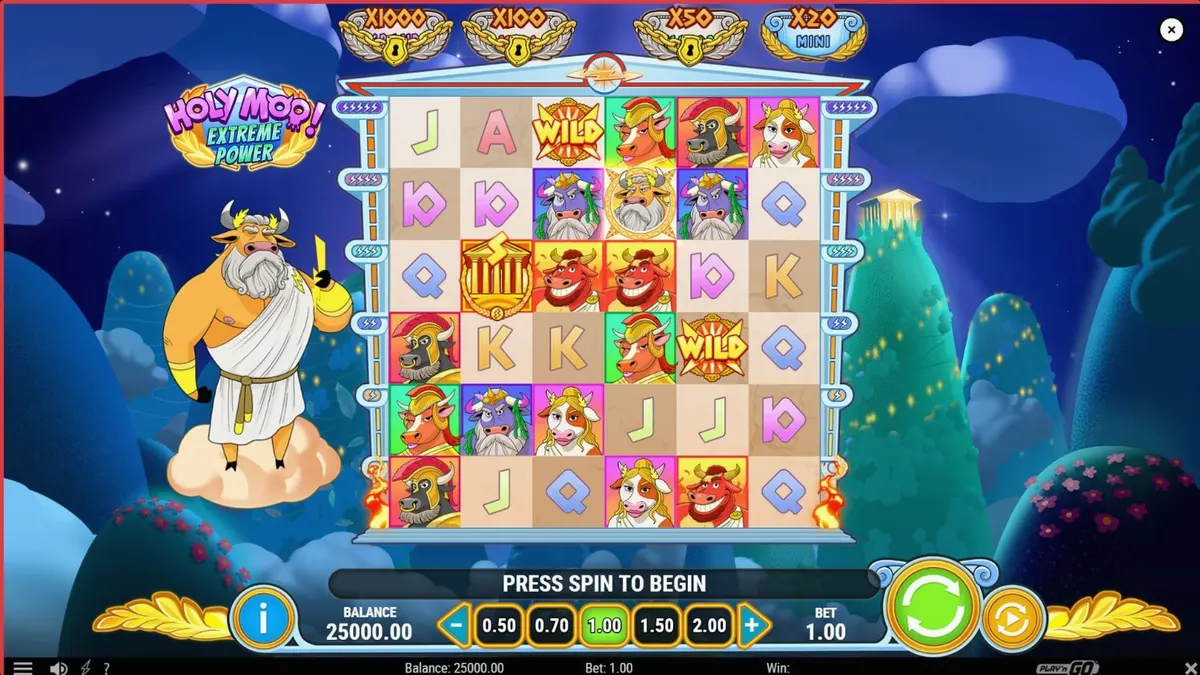 Tampilan visual slot Holy Moo! Extreme Power dengan karakter sapi dewa Olympus yang lucu